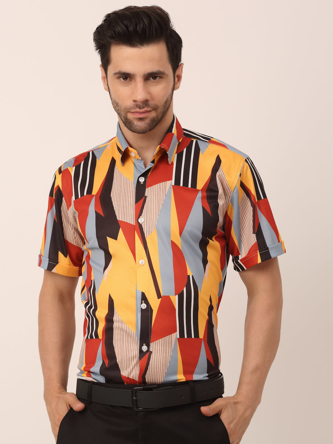 Jainish Men's Lycra Printed Half Sleeve Formal Shirts ( SF 814Yellow ) 