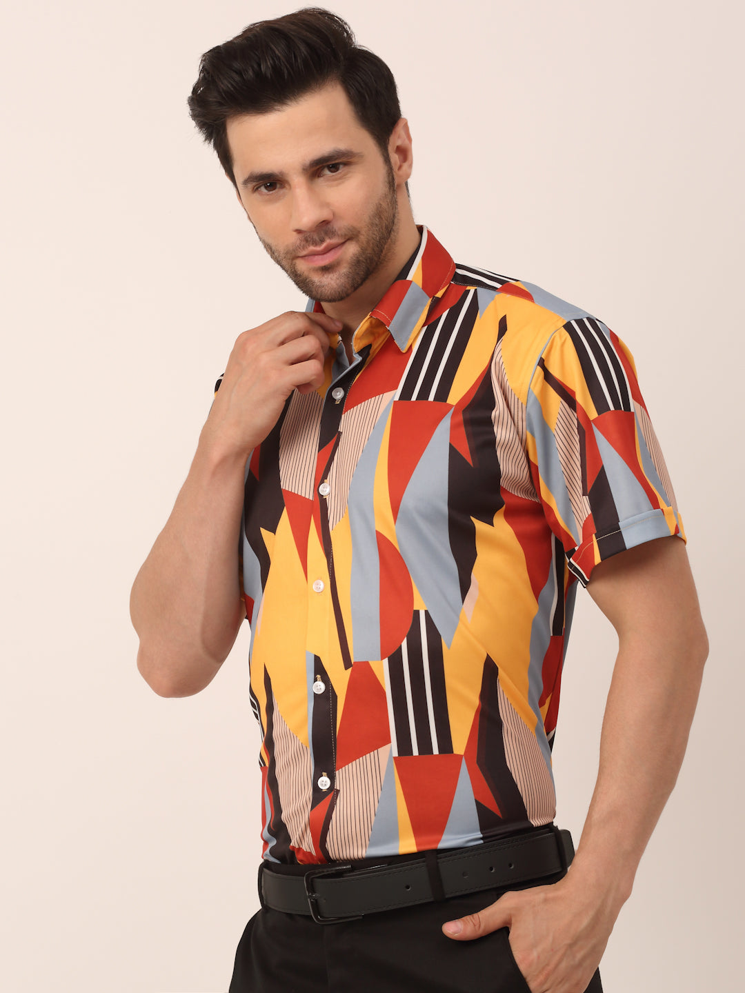 Jainish Men's Lycra Printed Half Sleeve Formal Shirts ( SF 814Yellow ) 