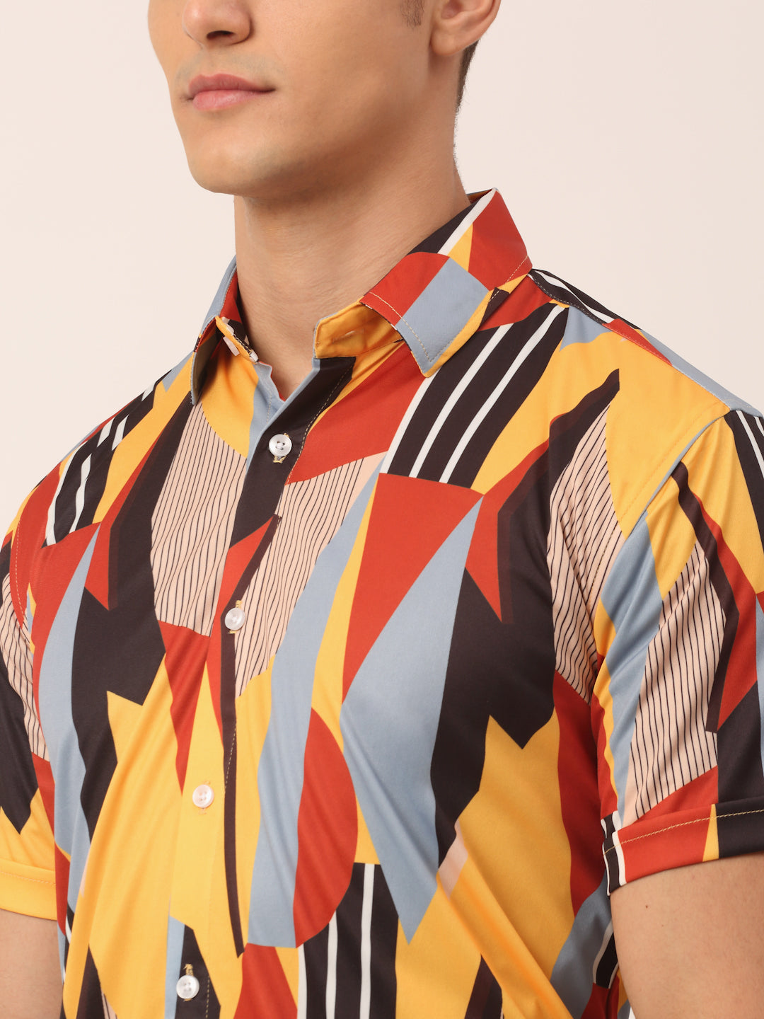 Jainish Men's Lycra Printed Half Sleeve Formal Shirts ( SF 814Yellow ) 