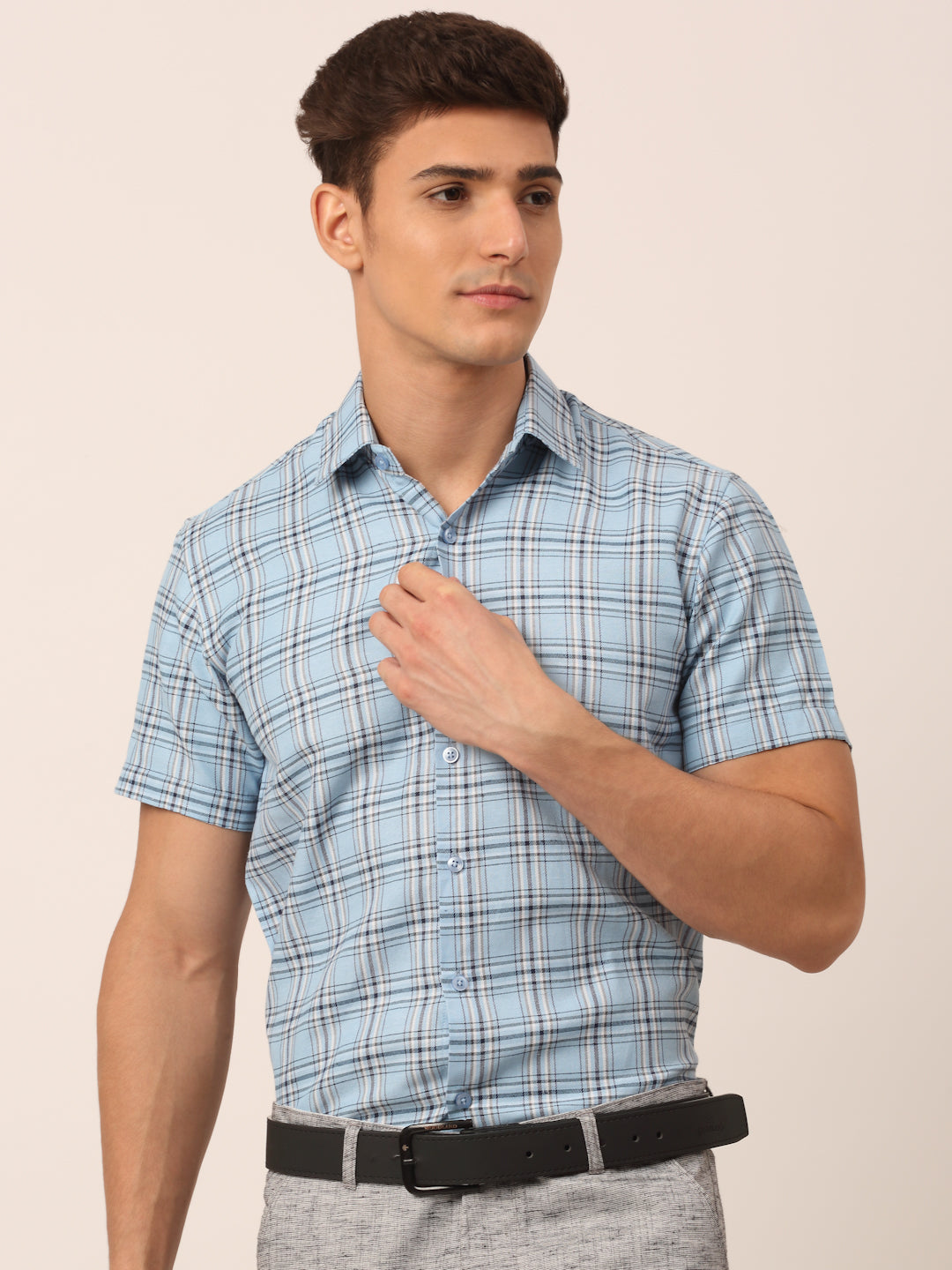 Jainish Men's Cotton Checked Half Sleeves Formal Shirts - Sky Blue