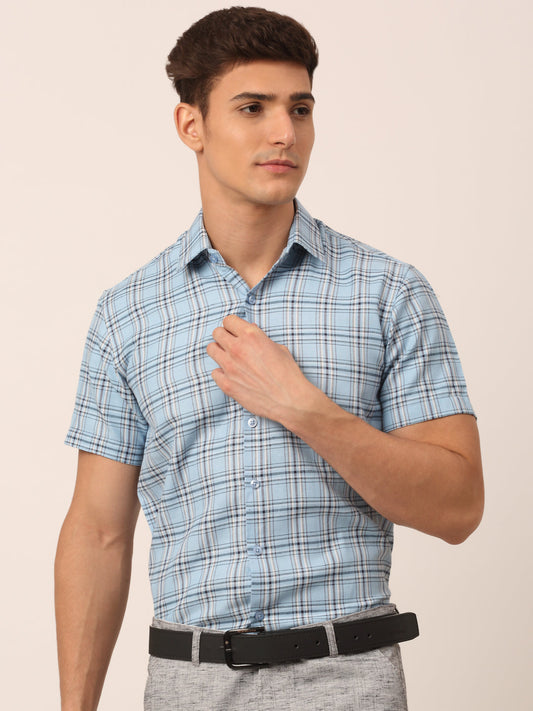 Jainish Men's Cotton Checked Half Sleeves Formal Shirts - Sky Blue
