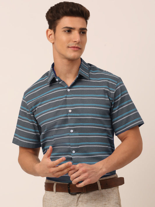 Jainish Men's Cotton Striped Half Sleeve Formal Shirts ( SF 816Grey )