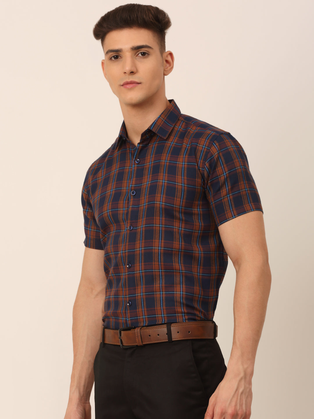 Jainish Men's Cotton Checked Half Sleeves Formal Shirts - Orange-Blue