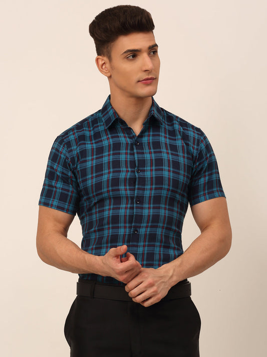 Jainish Men's Cotton Checked Half Sleeves Formal Shirts - Sky Blue-Blue