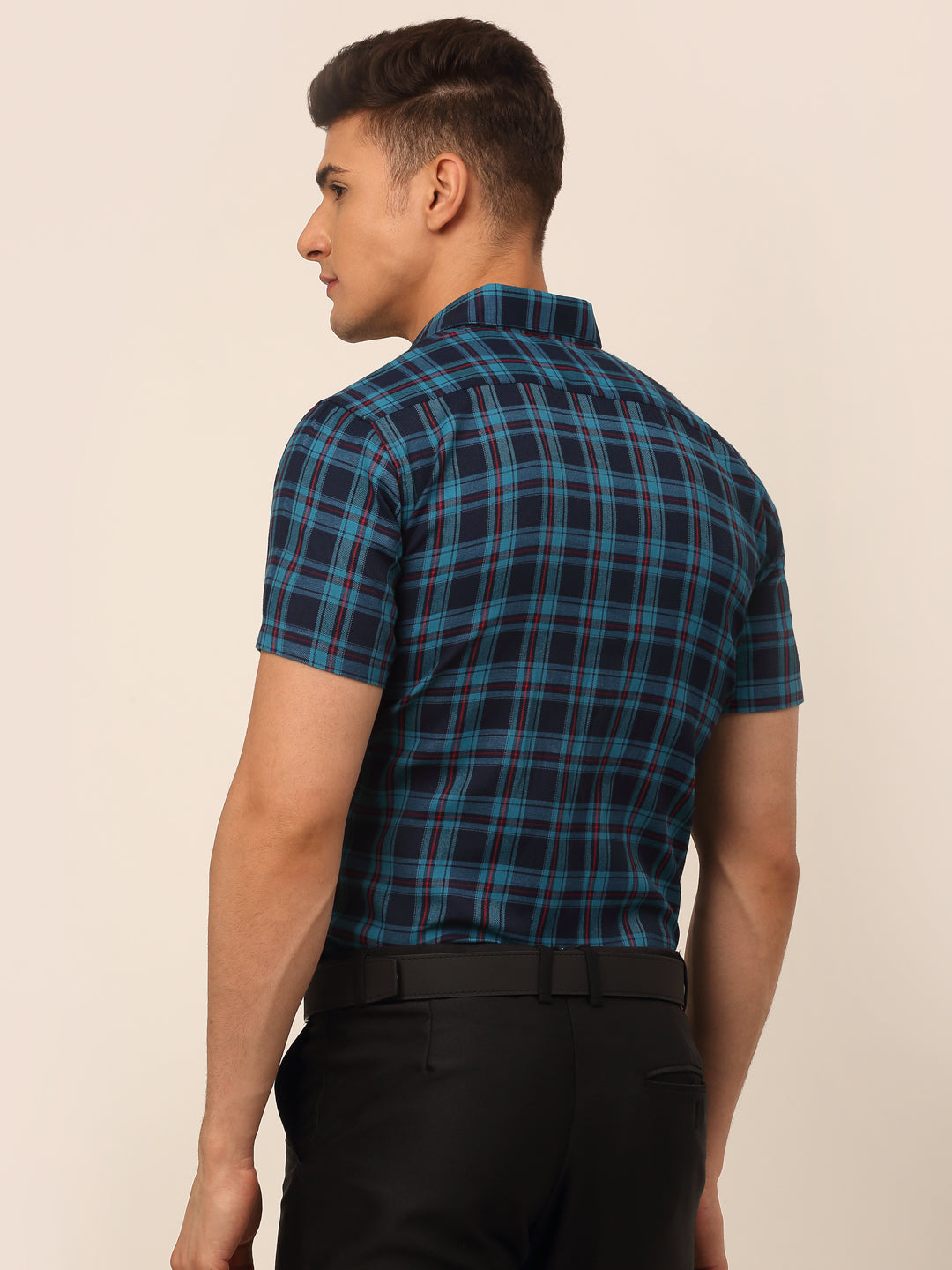 Jainish Men's Cotton Checked Half Sleeves Formal Shirts - Sky Blue-Blue