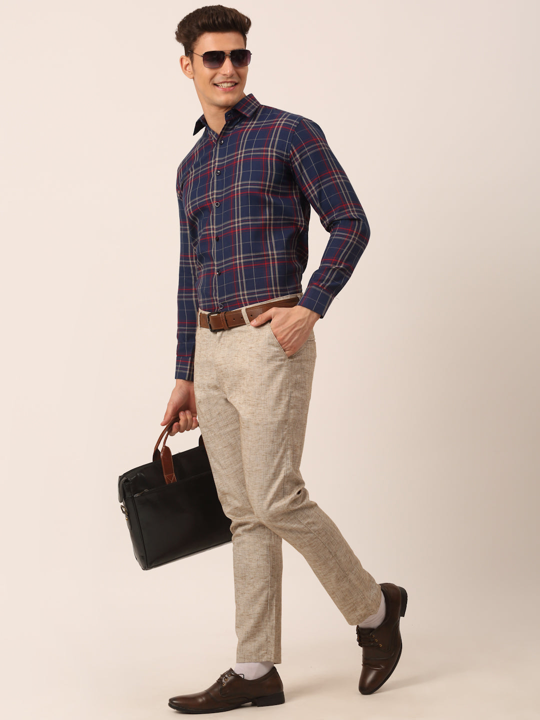 Jainish Men's Cotton Checked Formal Shirts ( SF 819Navy )