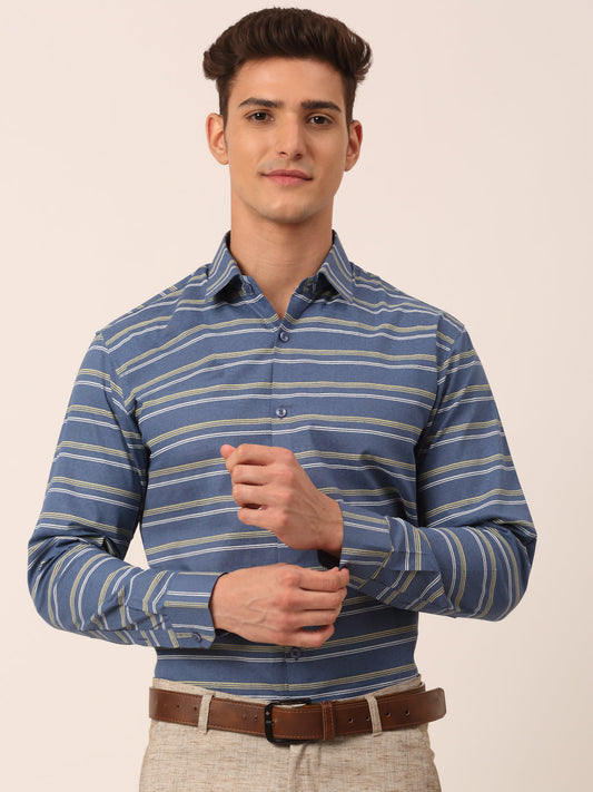 Jainish Men's Cotton Striped Formal Shirts ( SF 820Blue )