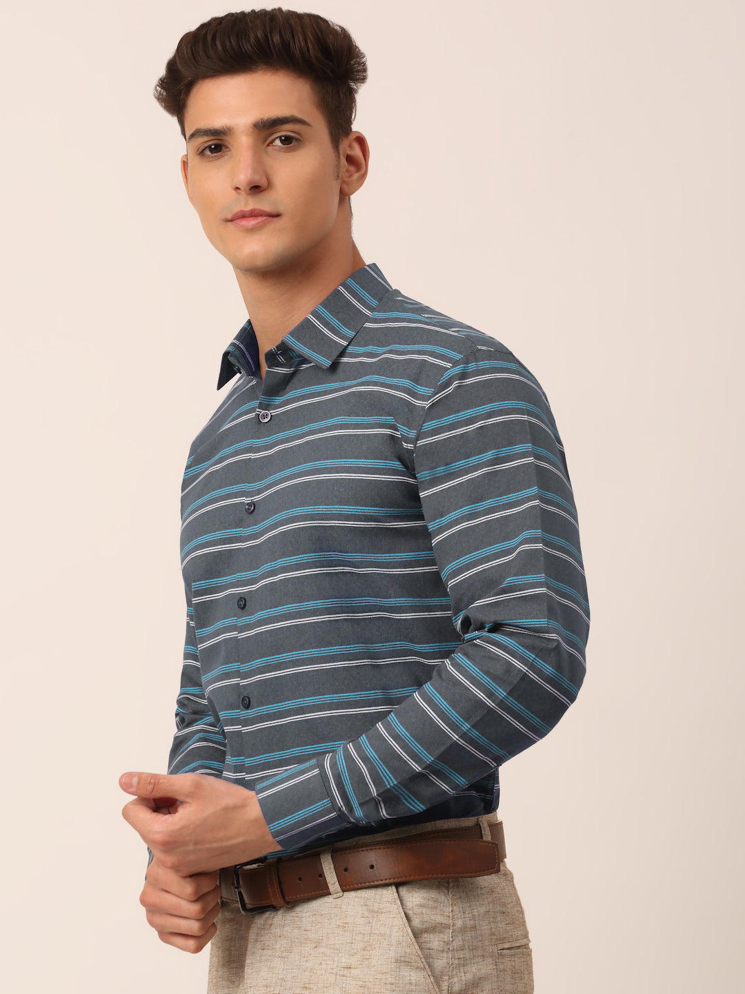 Jainish Men's Cotton Striped Formal Shirts ( SF 820Grey )