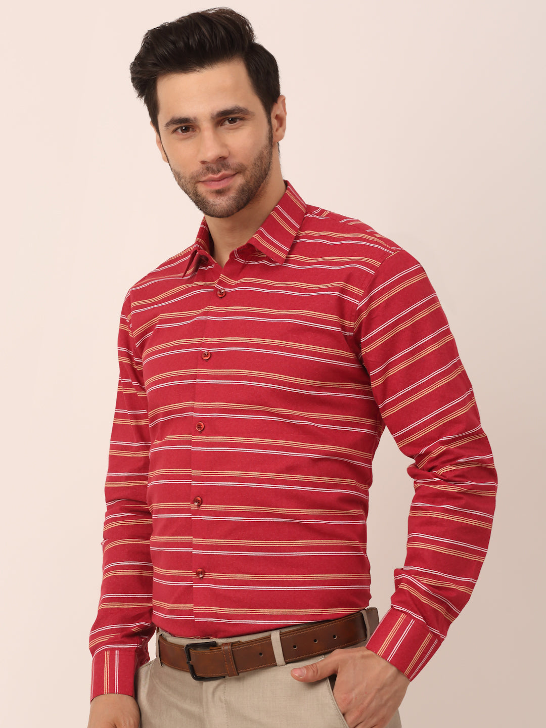 Jainish Men's Cotton Striped Formal Shirts ( SF 820Maroon )