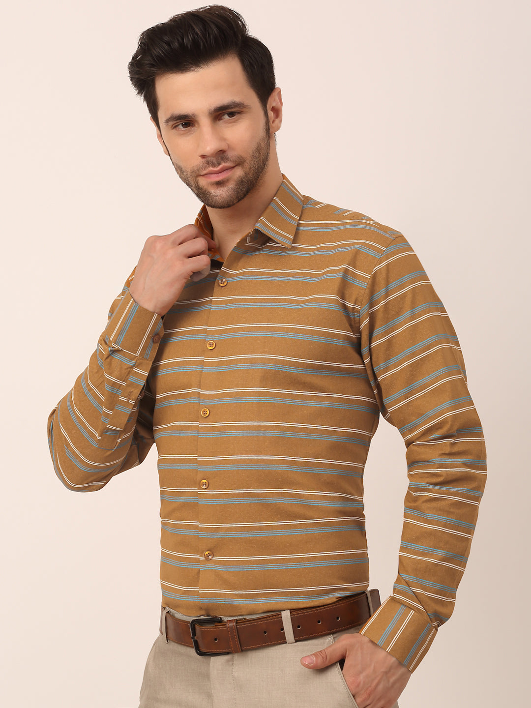Jainish Men's Cotton Striped Formal Shirts ( SF 820Mustard )