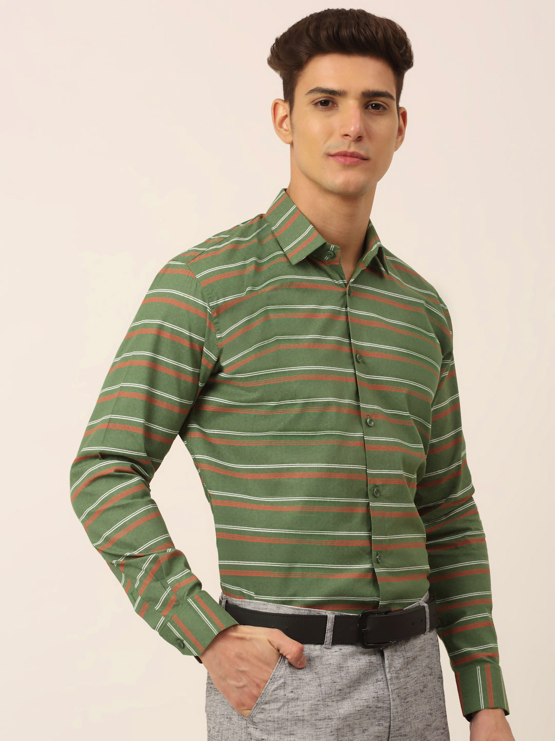 Jainish Men's Cotton Striped Formal Shirts ( SF 820Olive )