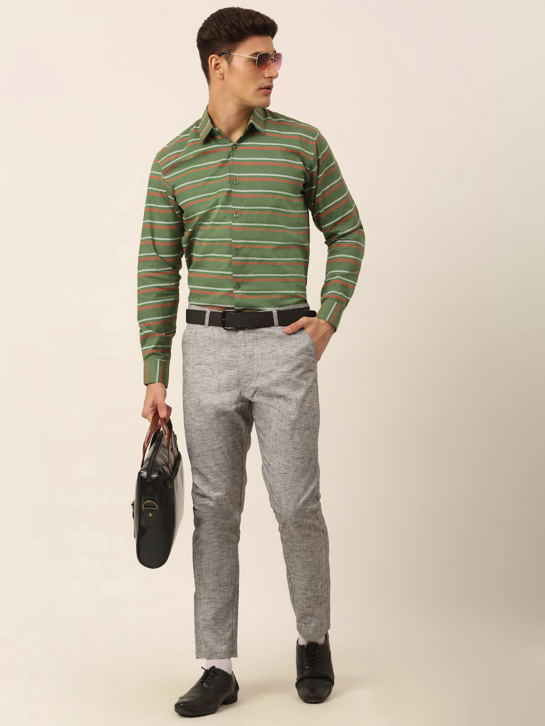 Jainish Men's Cotton Striped Formal Shirts ( SF 820Olive )