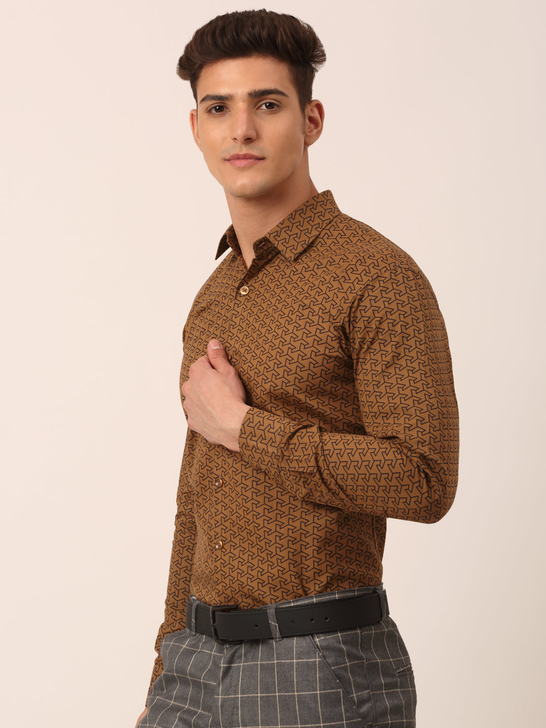 Jainish Men's Cotton Printed Formal Shirts ( SF 821Beige )