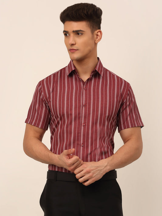 Jainish Men's Cotton Striped Formal Shirts - Maroon