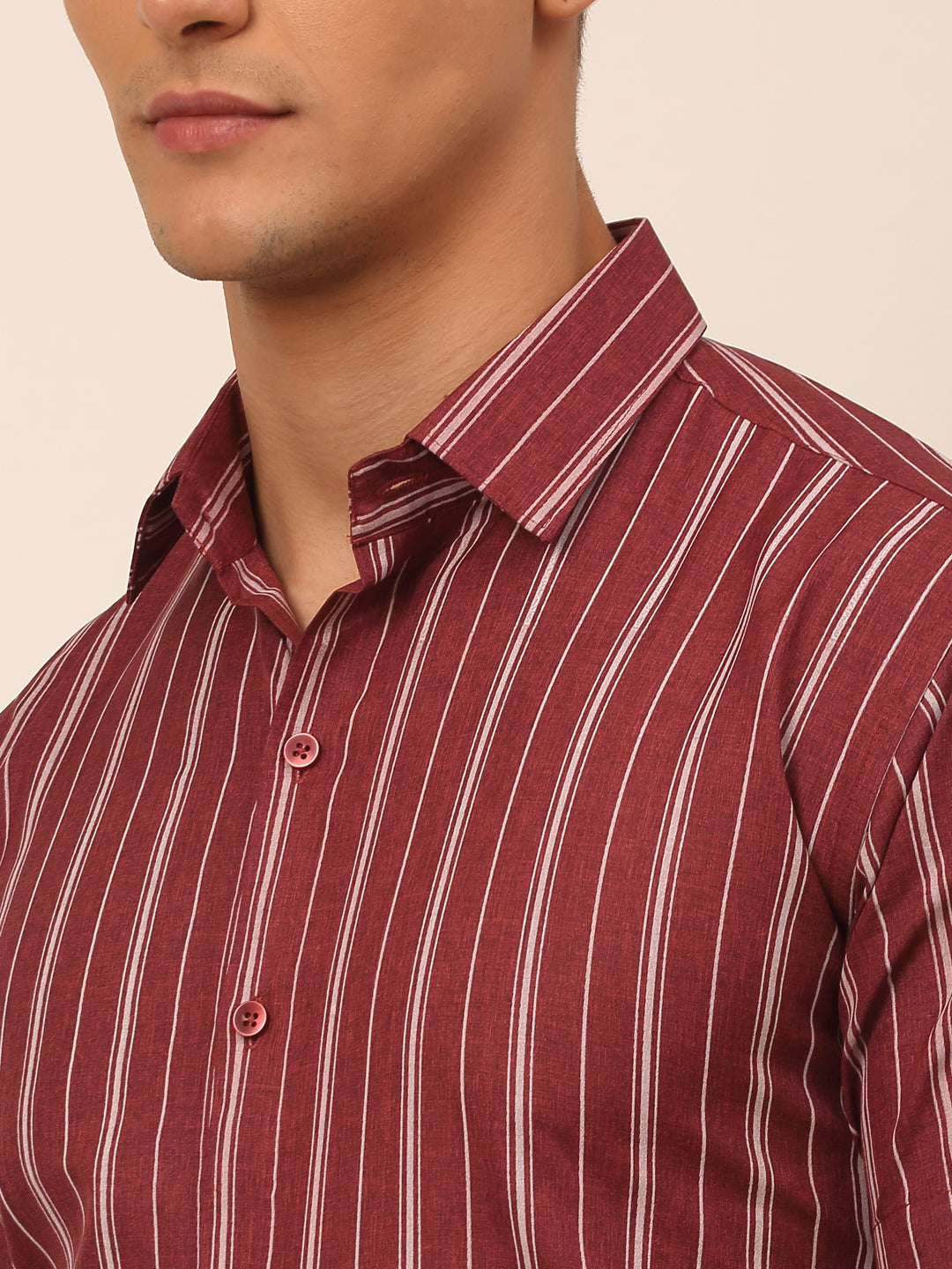 Jainish Men's Cotton Striped Formal Shirts - Maroon