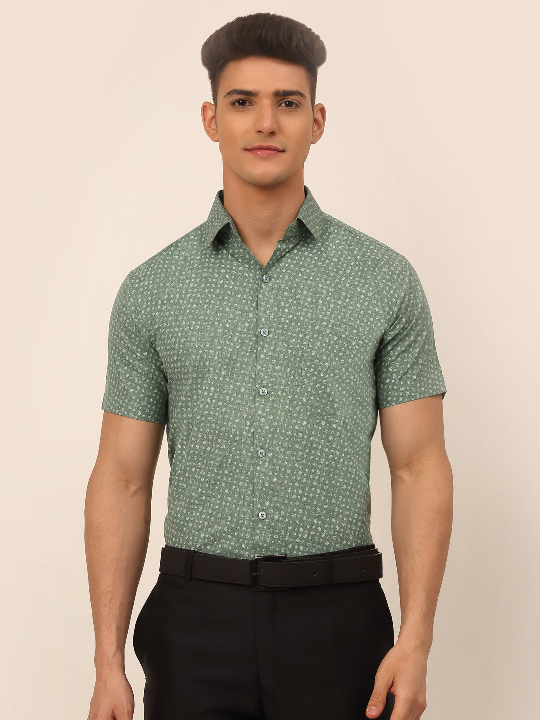 Jainish Men's Cotton Printed Formal Shirts - Green