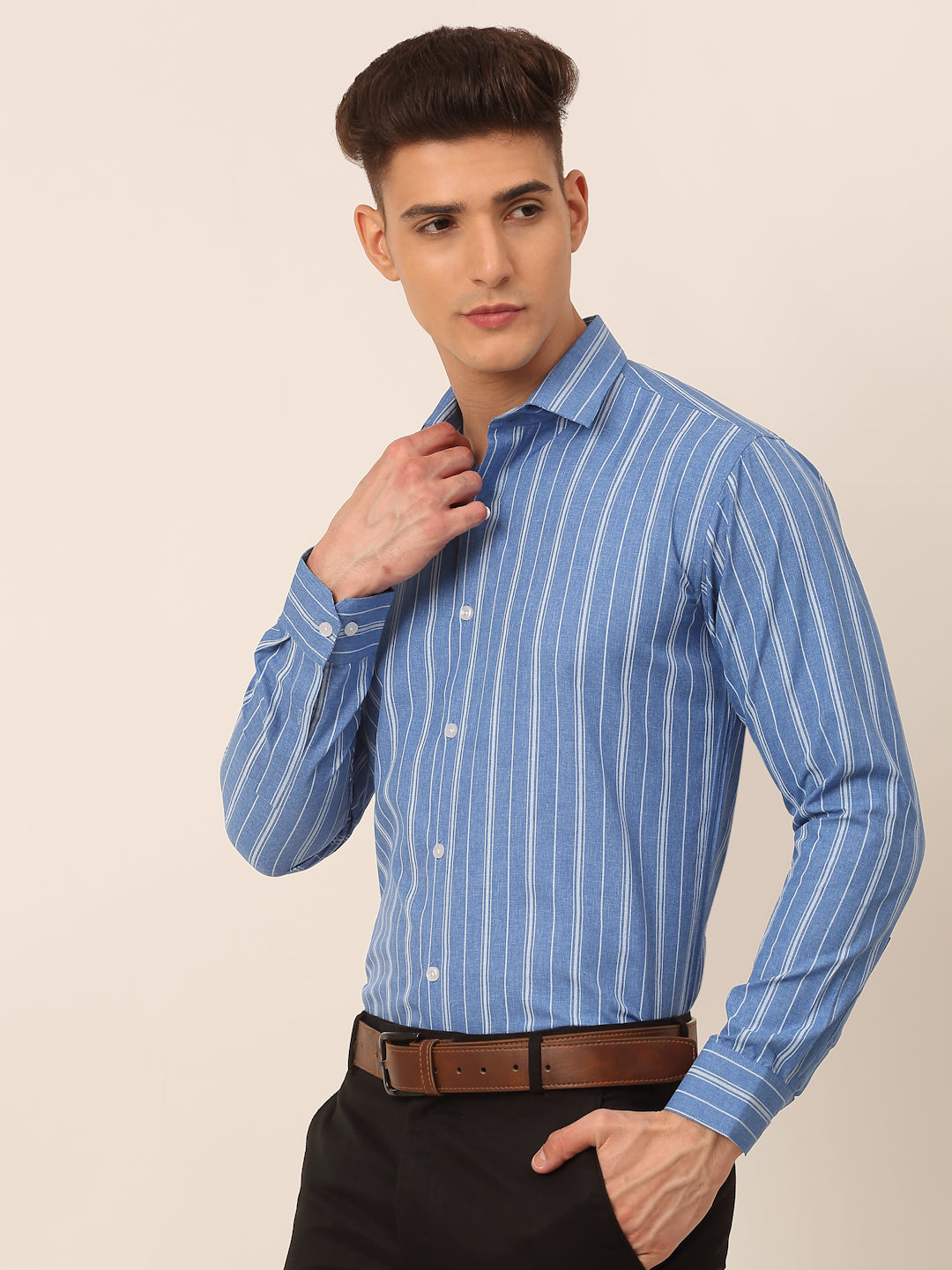 Jainish Men's Blue & White Classic Striped Formal Shirt