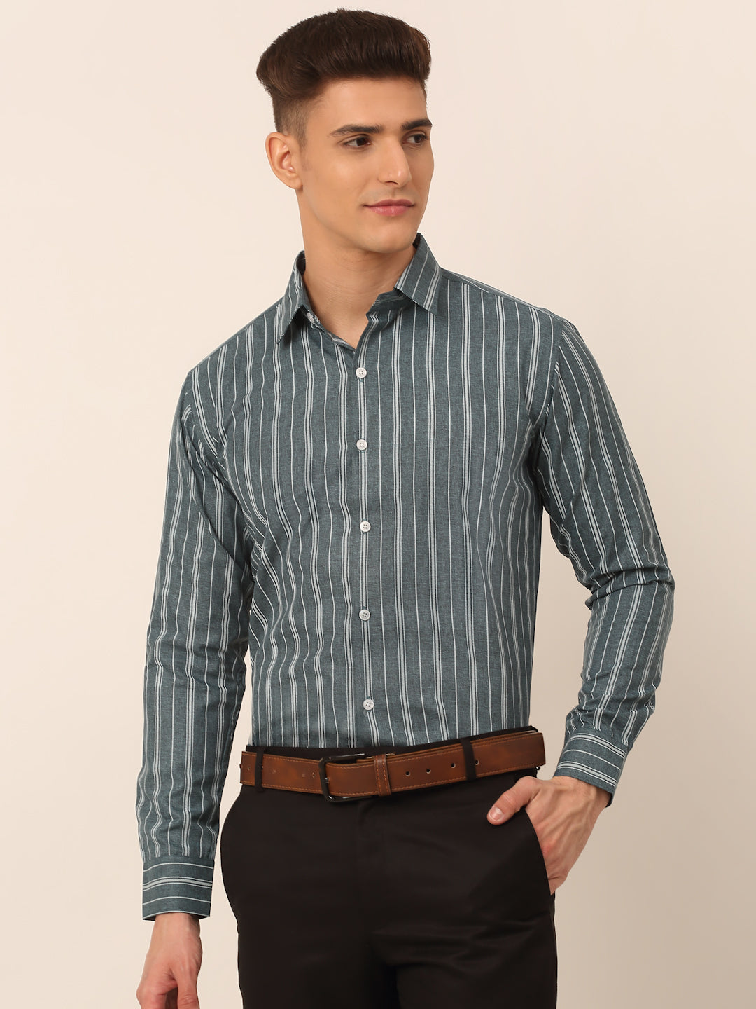 Jainish Men's Grey & White Classic Striped Formal Shirt