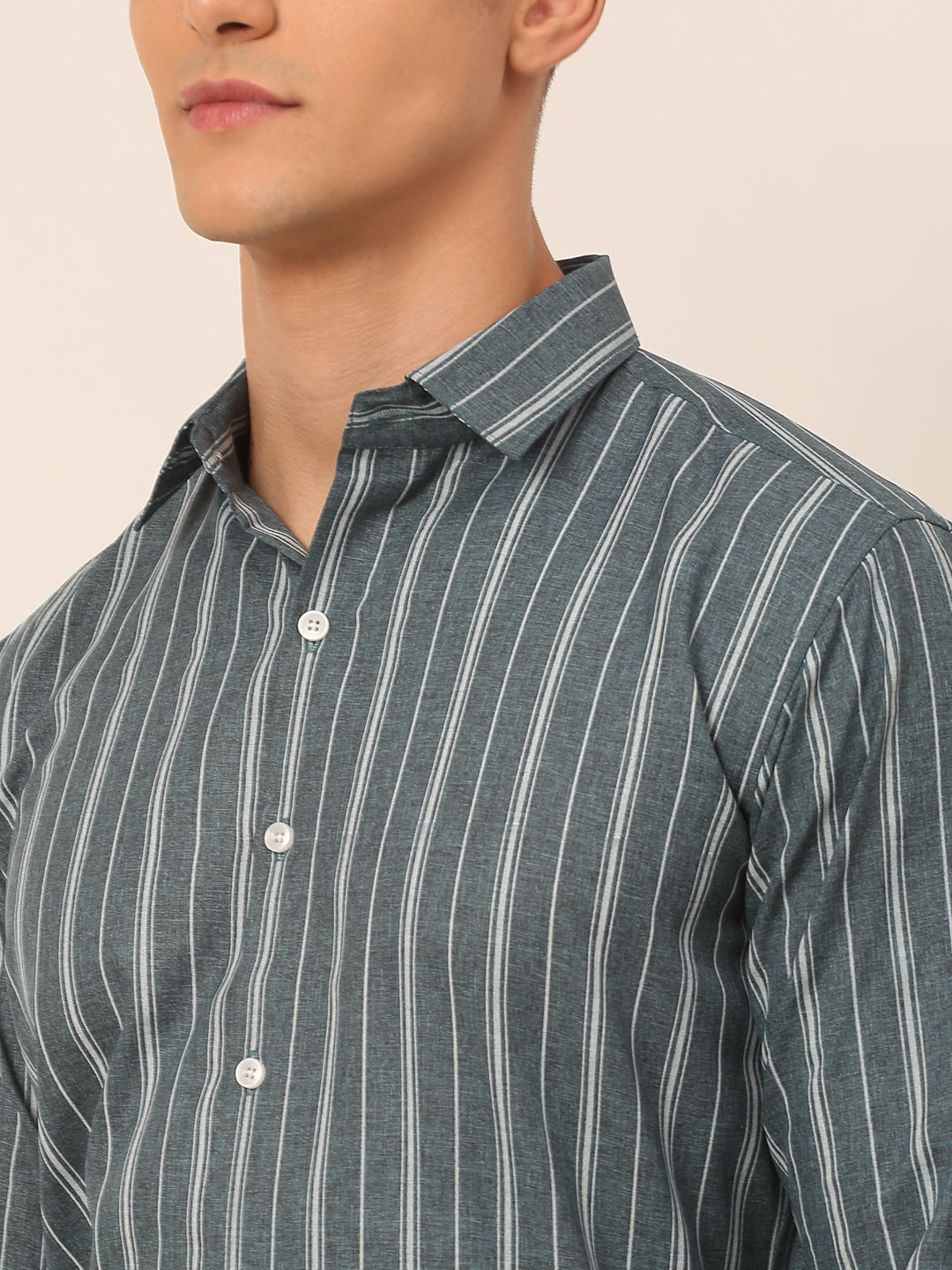 Jainish Men's Grey & White Classic Striped Formal Shirt