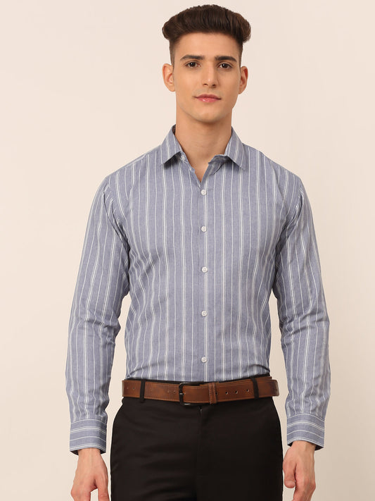 Jainish Men's Light Grey & White Classic Striped Formal Shirt