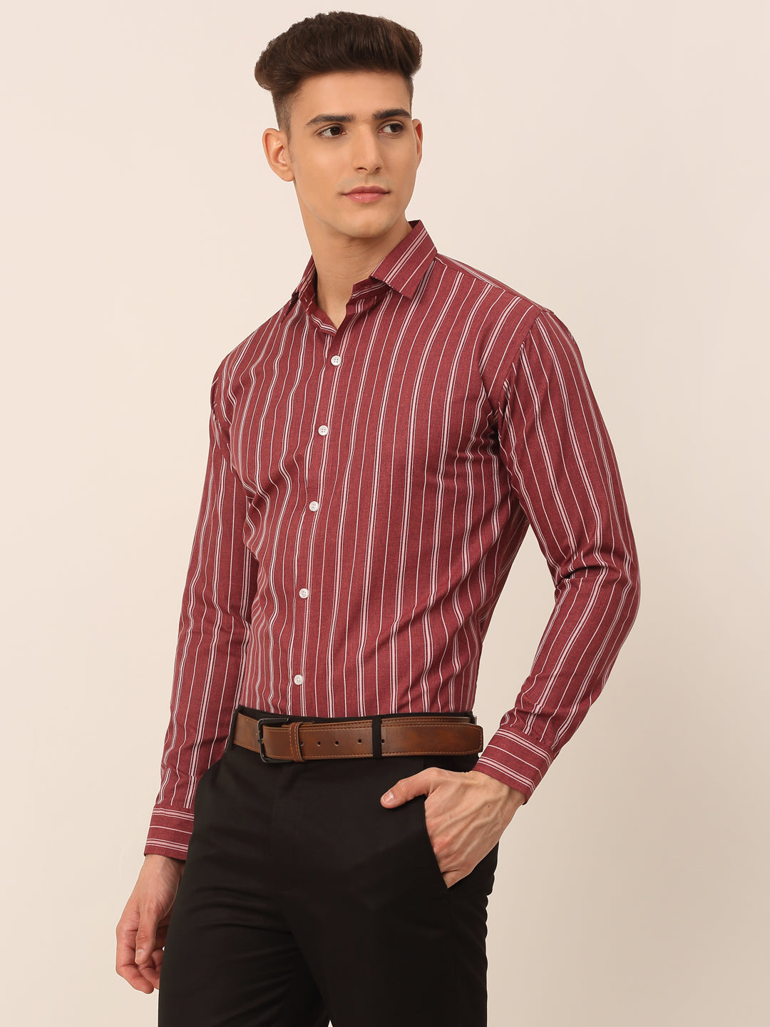 Jainish Men's Maroon & White Classic Striped Formal Shirt