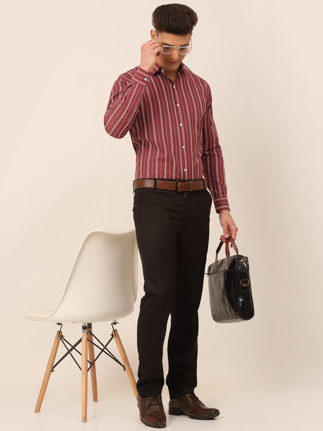 Jainish Men's Maroon & White Classic Striped Formal Shirt