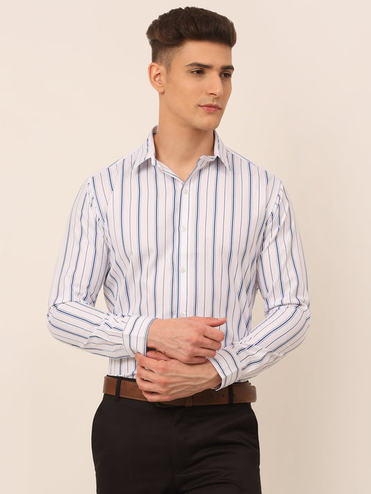 Jainish Men's White & Blue Classic Striped Formal Shirt