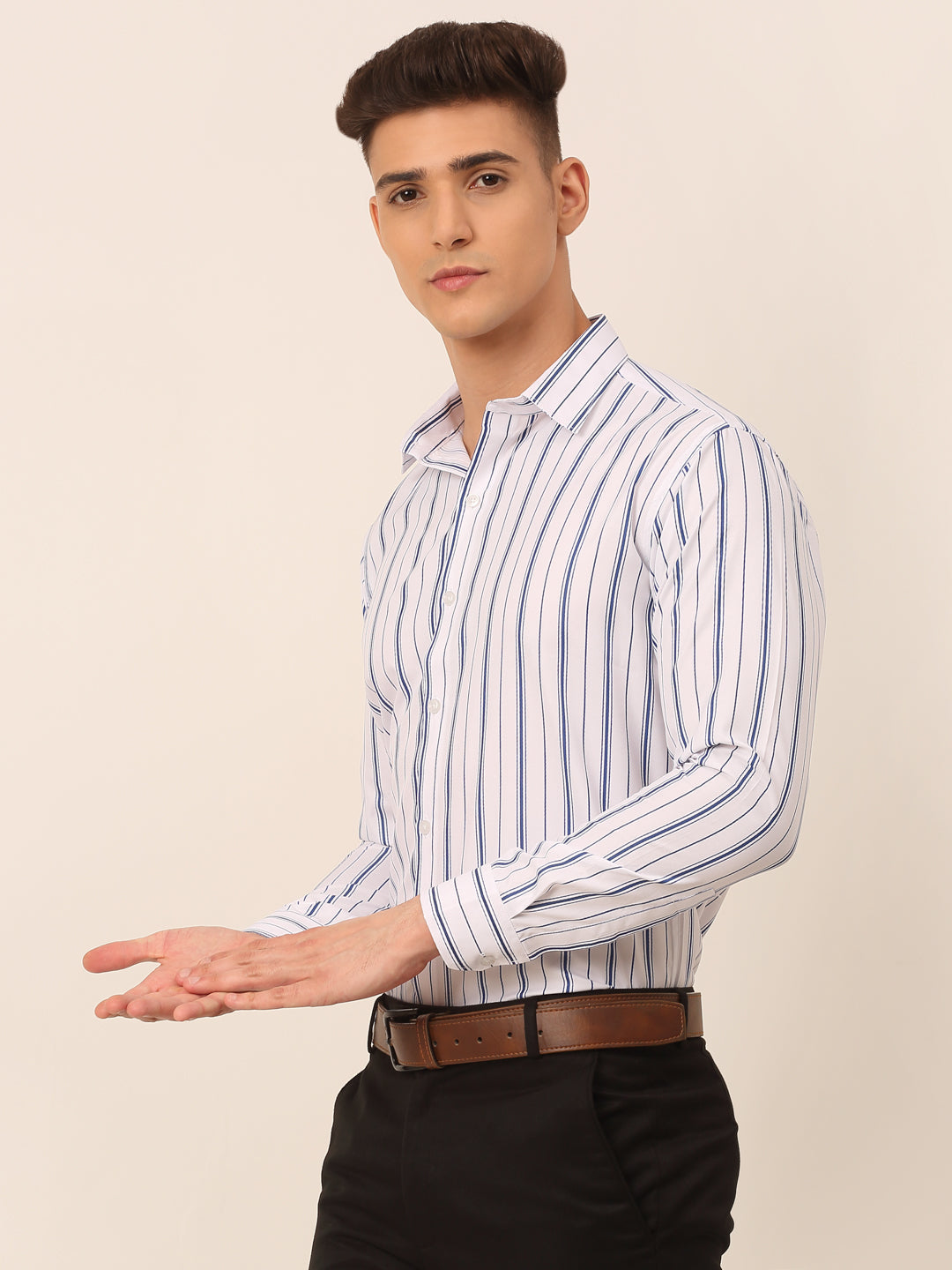 Jainish Men's White & Blue Classic Striped Formal Shirt