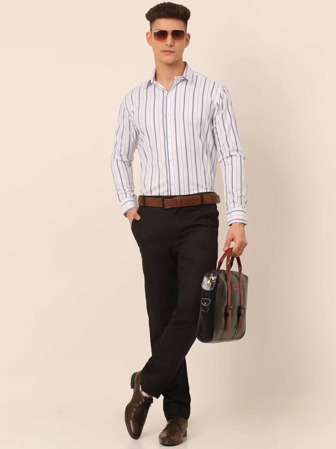 Jainish Men's White & Blue Classic Striped Formal Shirt