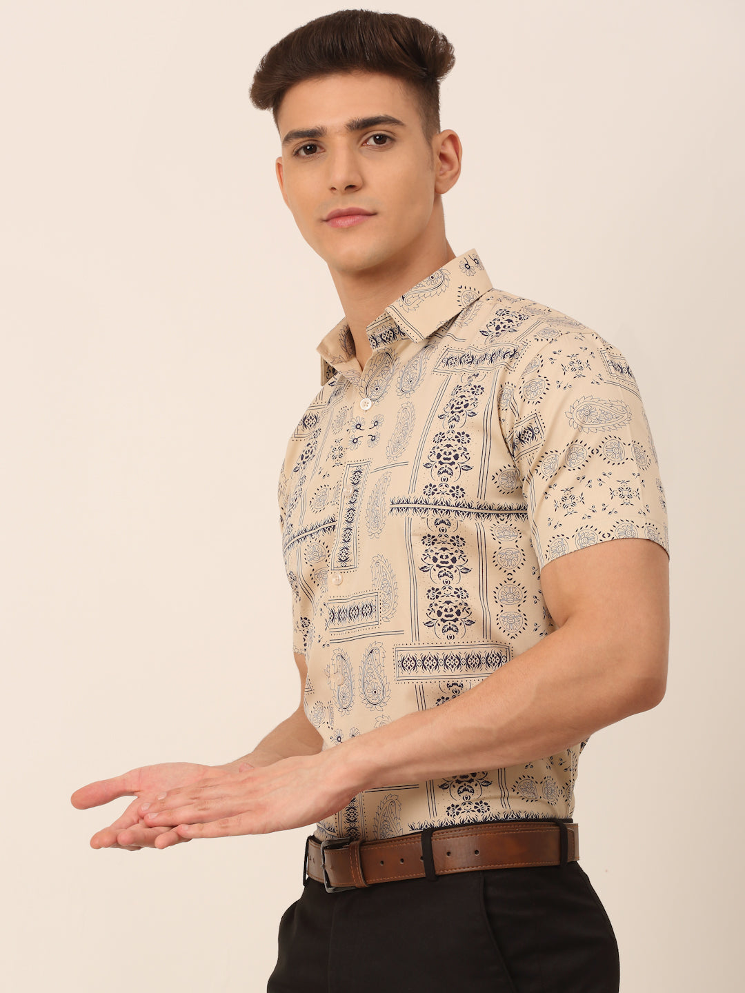 Jainish Men's Cotton Printed Formal Shirts - Beige