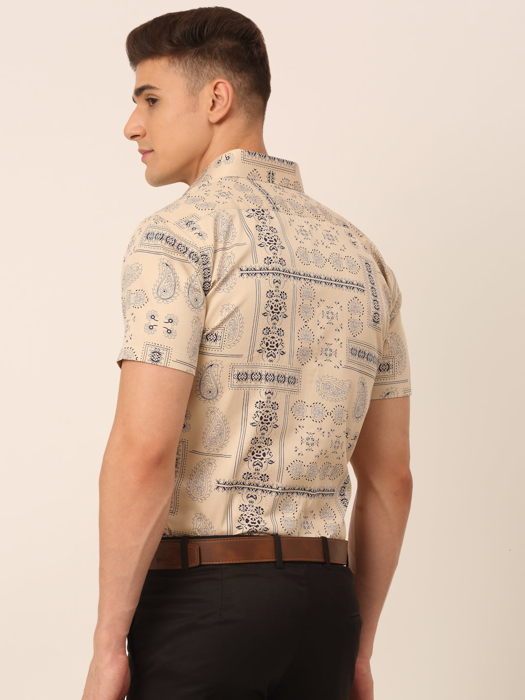 Jainish Men's Cotton Printed Formal Shirts - Beige