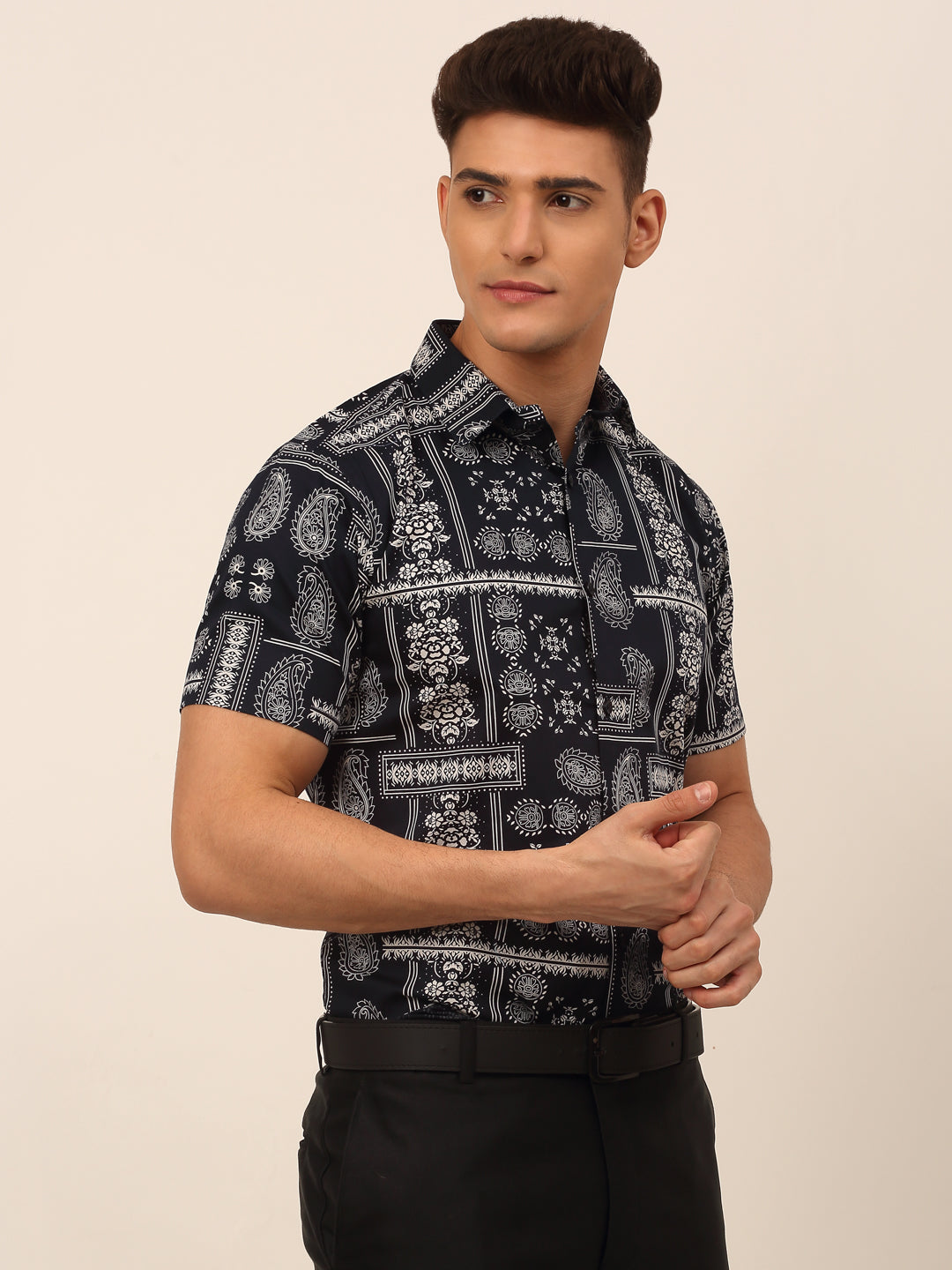 Jainish Men's Cotton Printed Formal Shirts - Navy Blue