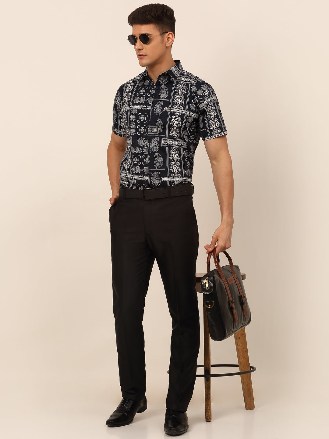 Jainish Men's Cotton Printed Formal Shirts - Navy Blue