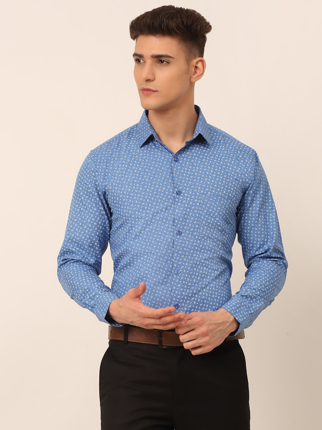 Jainish Men's Blue Classic Printed Formal Shirt