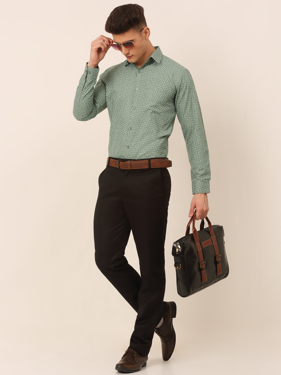 Jainish Men's Green Classic Printed Formal Shirt
