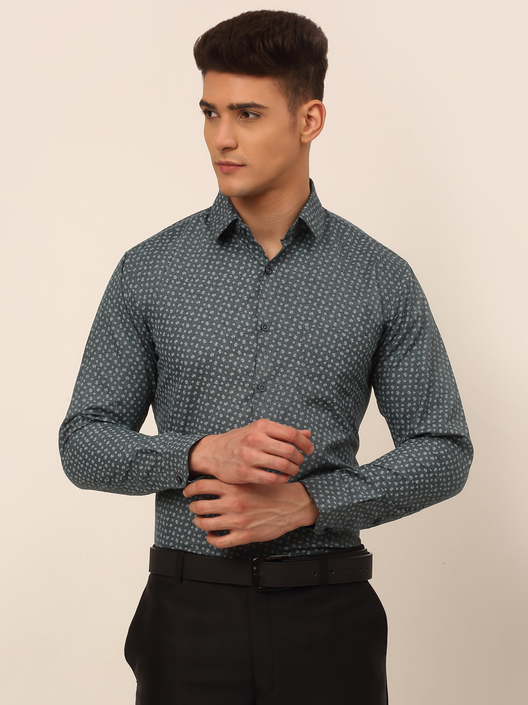 Jainish Men's Grey Classic Printed Formal Shirt