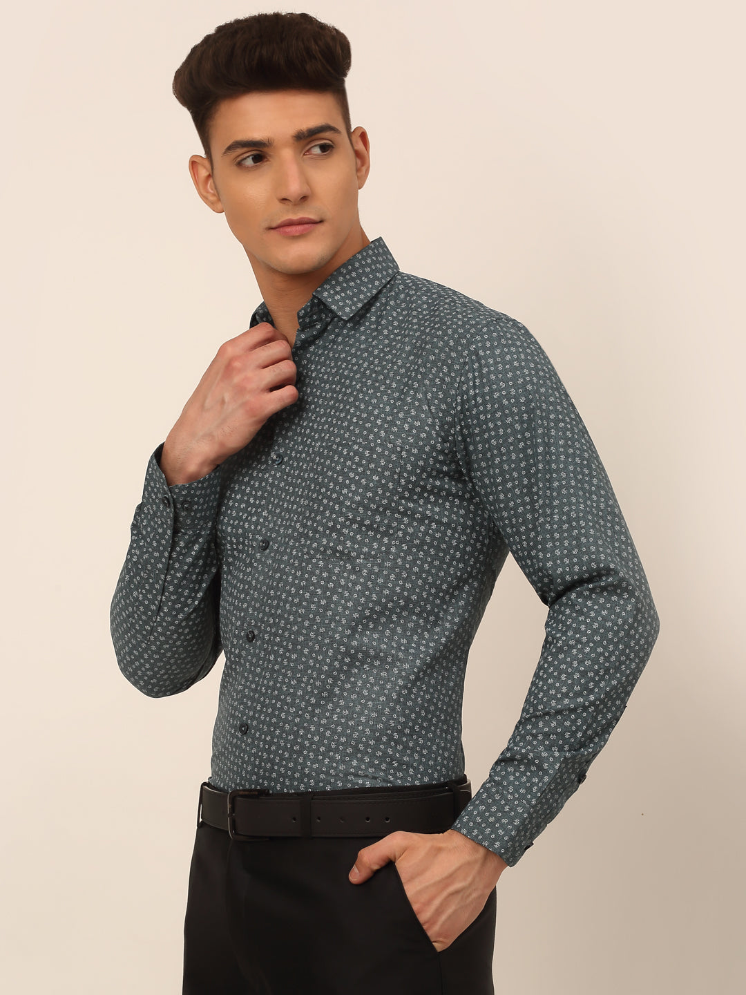 Jainish Men's Grey Classic Printed Formal Shirt