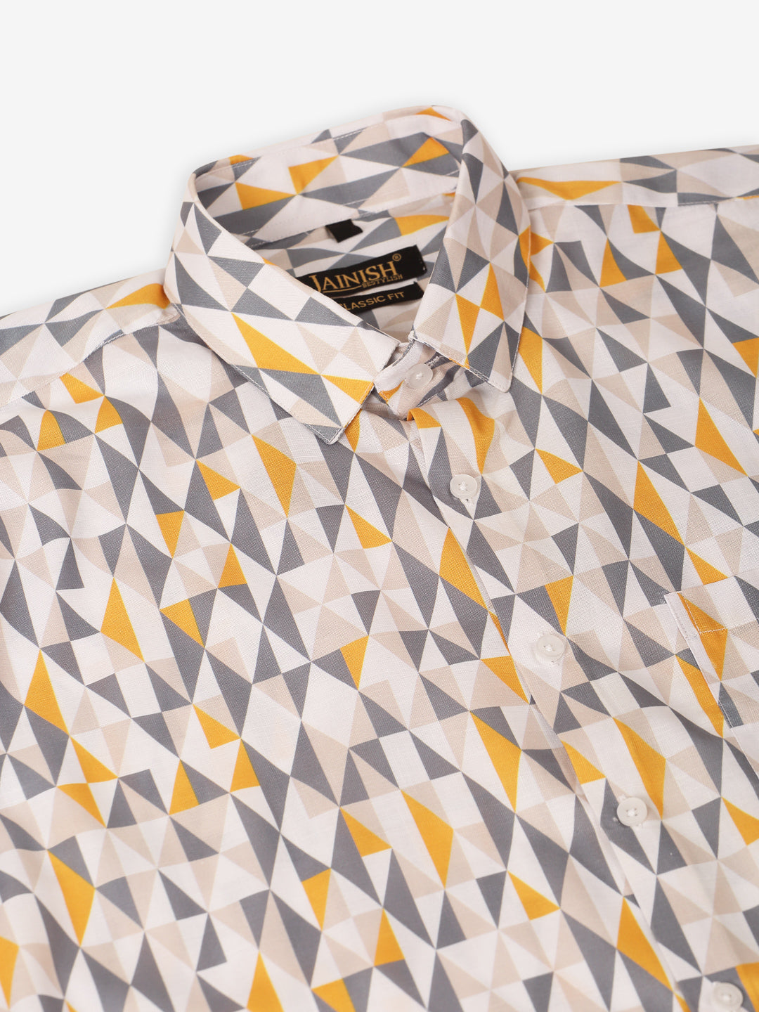 Jainish Men's Cotton Printed Formal Shirts - White-Grey