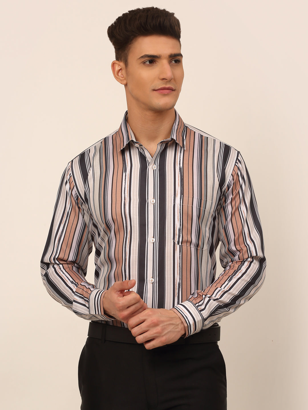 Jainish Men's Cotton Striped Formal Shirts - Brown