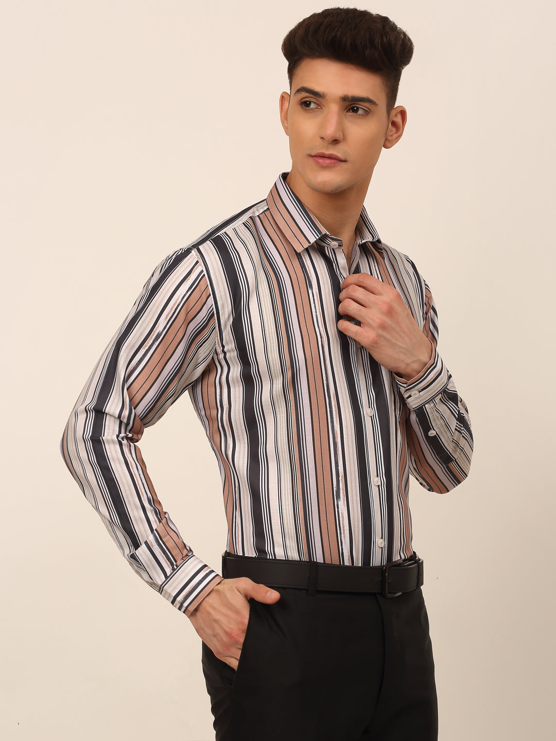 Jainish Men's Cotton Striped Formal Shirts - Brown