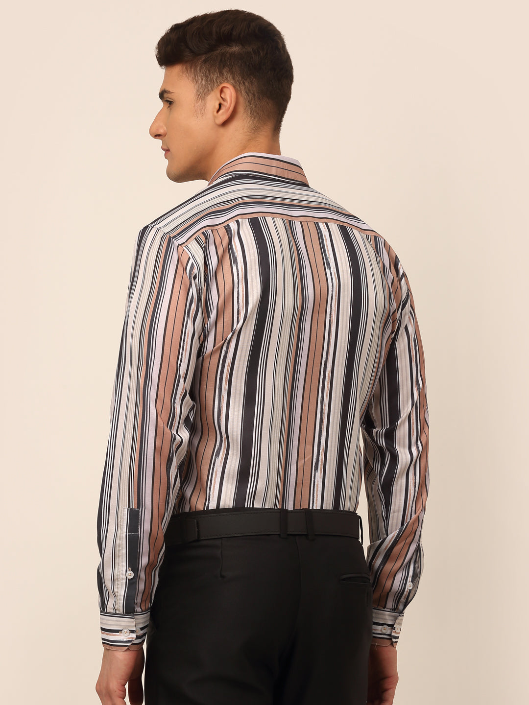 Jainish Men's Cotton Striped Formal Shirts - Brown
