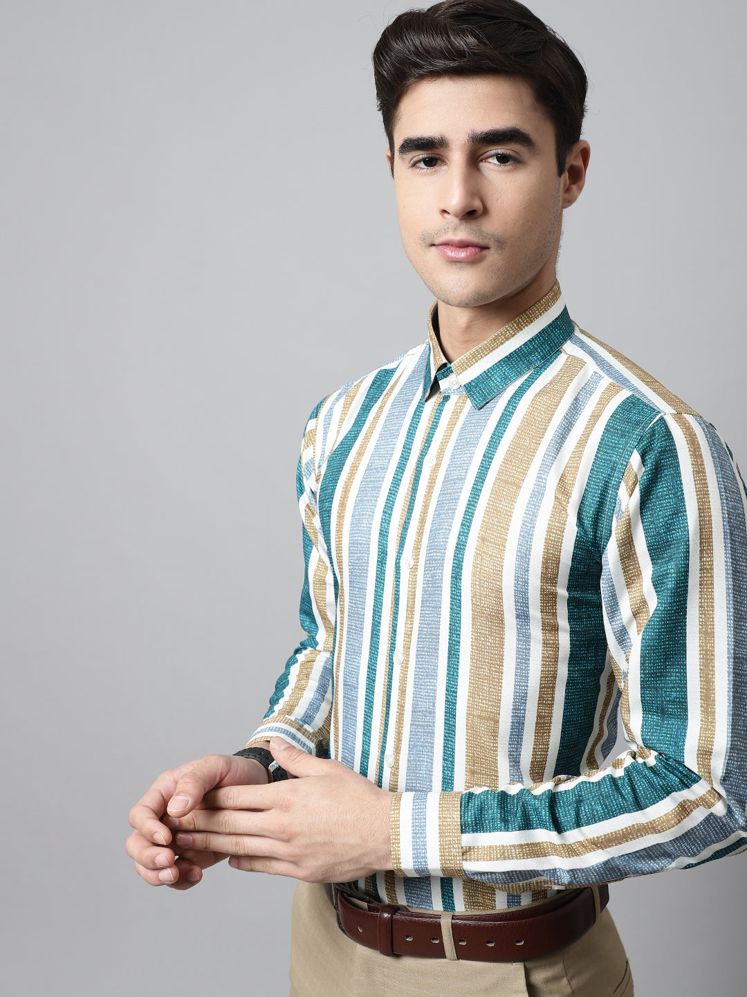 Jainish Men's Green Classic Striped Formal Shirt