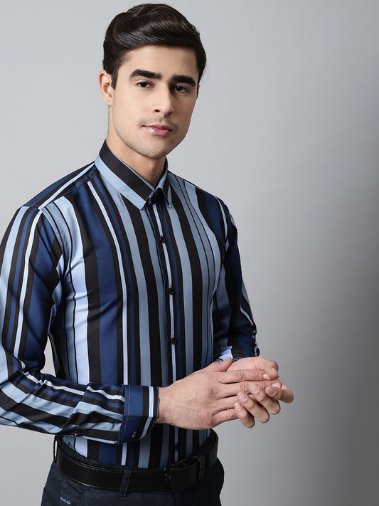 Jainish Men's Grey Classic Striped Formal Shirt