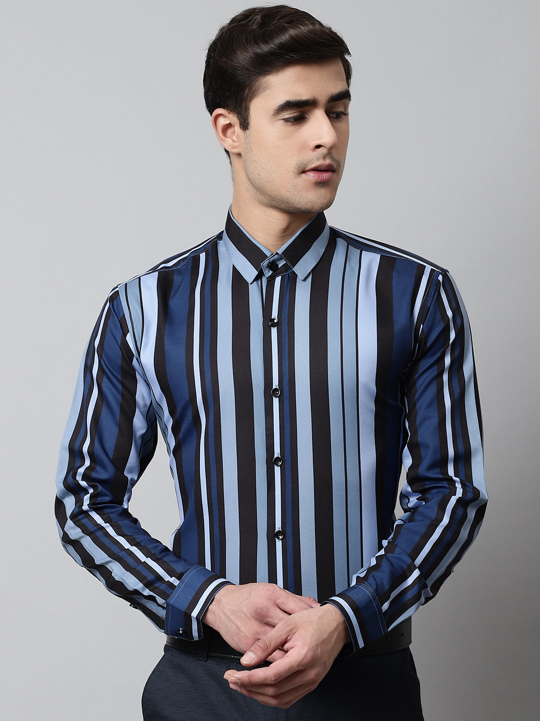 Jainish Men's Grey Classic Striped Formal Shirt