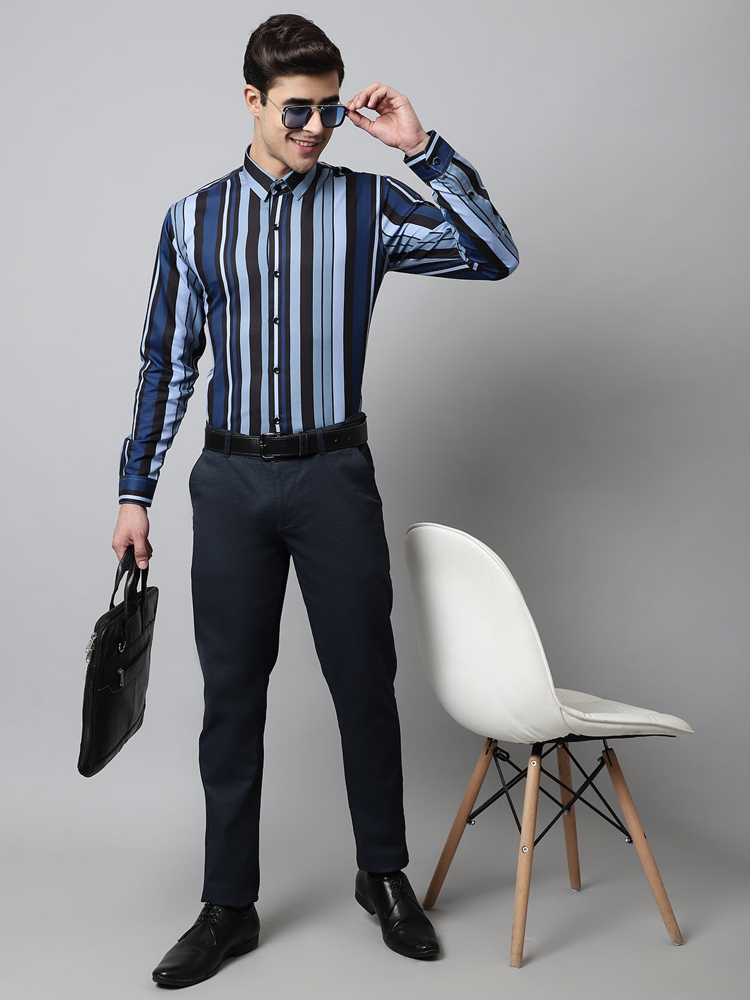 Jainish Men's Grey Classic Striped Formal Shirt