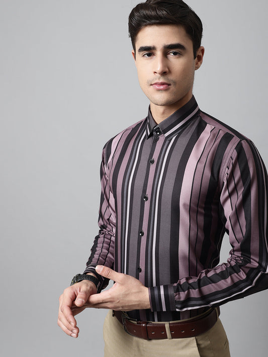 Jainish Men's Wine and Black Classic Striped Formal Shirt