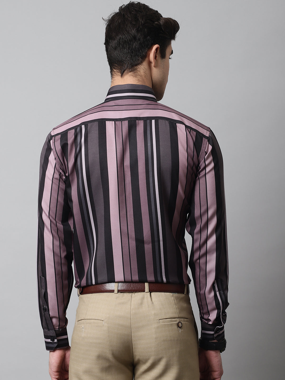 Jainish Men's Wine and Black Classic Striped Formal Shirt
