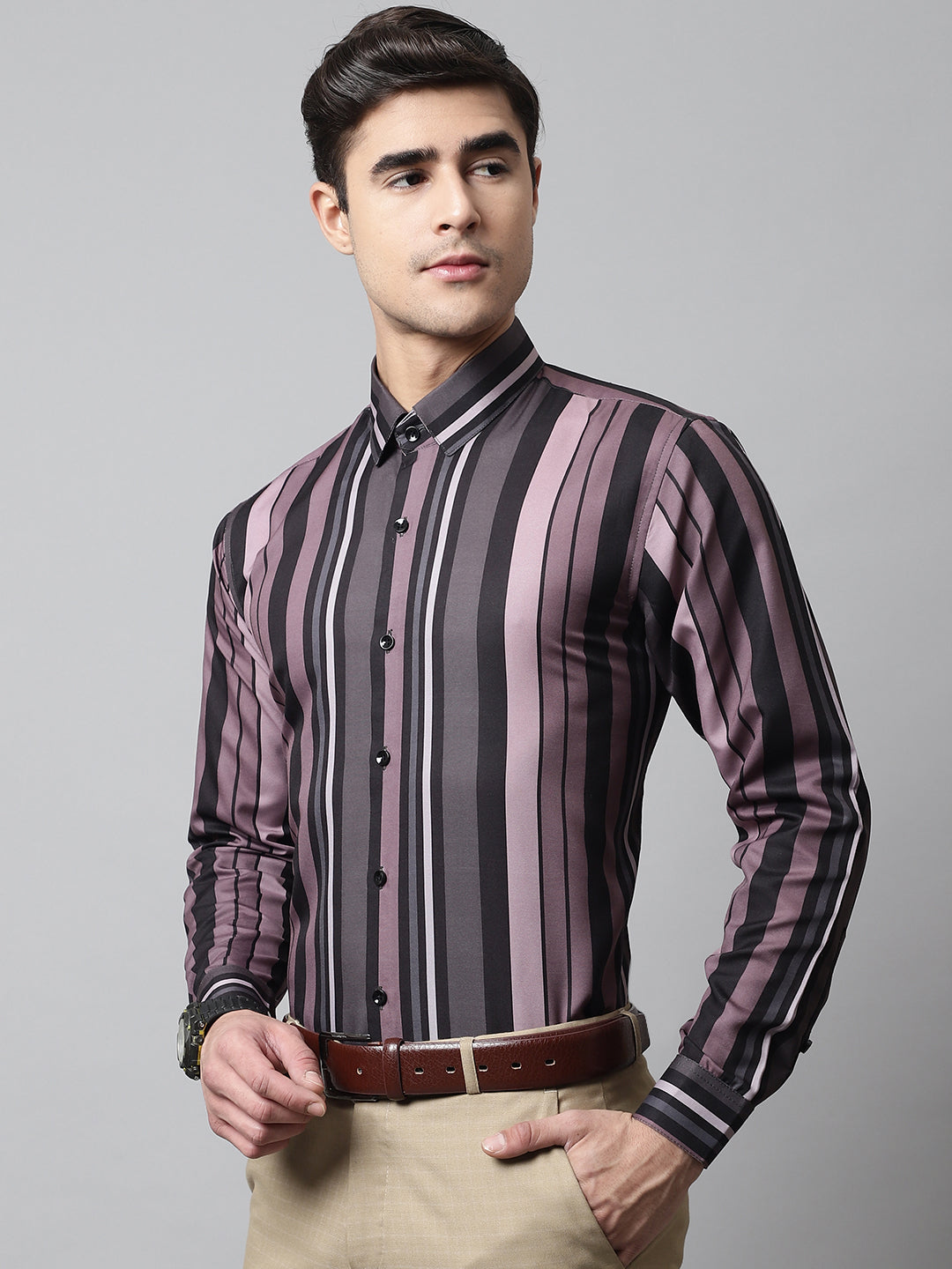 Jainish Men's Wine and Black Classic Striped Formal Shirt