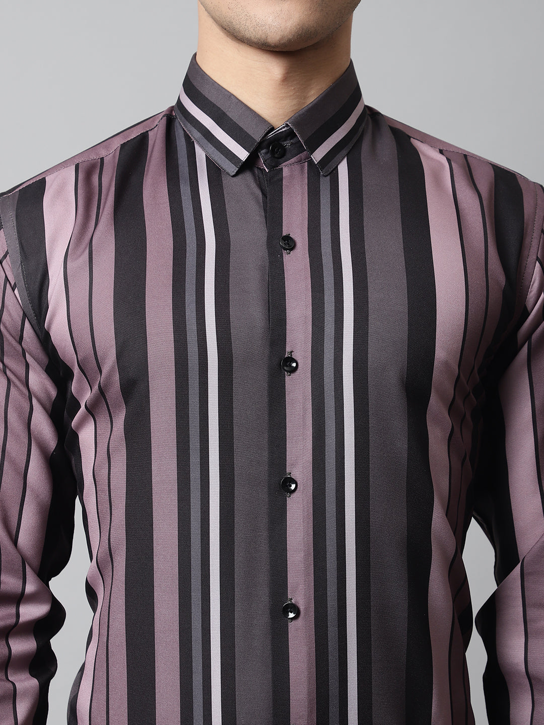 Jainish Men's Wine and Black Classic Striped Formal Shirt