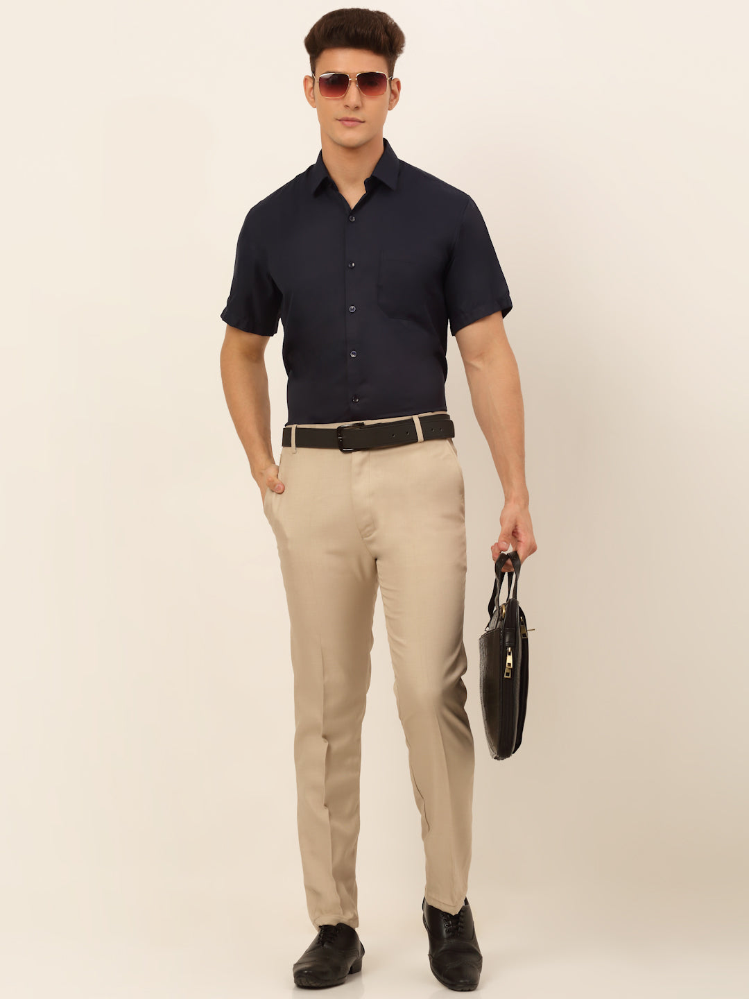 Jainish Men's Cotton Solid Formal Shirt - Navy Blue